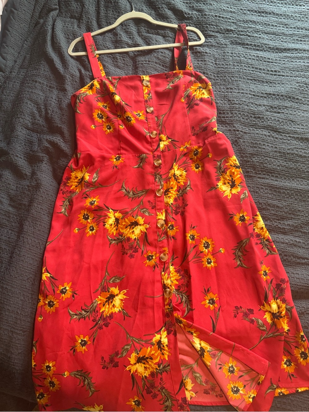 Express Red Midi Dress with Yellow Floral Print